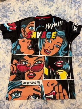 Savage Pop Art Graphic Tee - Black with Multicolor Print